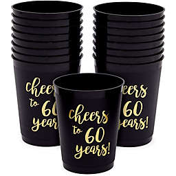 Sparkle and Bash Black Plastic Tumbler Cups for 60th Party, Cheers to 60 Years (16 oz, 16 Pack)