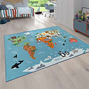 Paco Home World Map Play Mat for Kids Educational Rug with Animals in Blue
