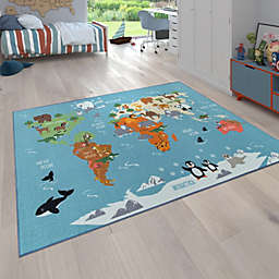 Paco Home World Map Play Mat for Kids Educational Rug with Animals in Blue