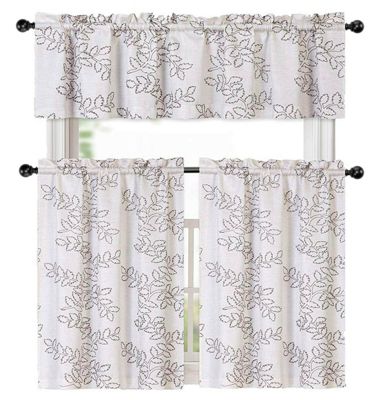 Kate Aurora Brielle Embroidered Linen Kitchen Curtain Tier & Valance Set - 56 in. W x 15 in. L, Gray