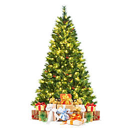 Gymax 6/7/8 FT Artificial Pre-Lit Christmas Tree Hinged Xmas Tree w/ Warm LED Lights