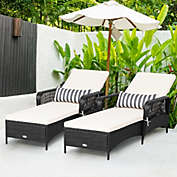 Gymax Set of 2 Adjustable Patio Rattan Lounge Chair Chaise Recliner w/ Cushion & Pillow