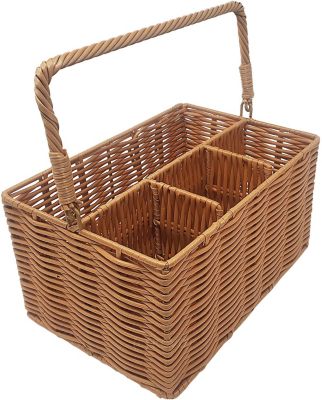 KOVOT Poly-Wicker Woven Cutlery Storage Organizer Caddy Tote Bin Basket for Kitchen Table, Cabinet, Pantry - Holds Forks, Knives, Spoons, Napkins, Serving Utensils - Indoor or Outdoor Use   Woven Polypropylene   Measures 9.5" x 6.5" x 5"