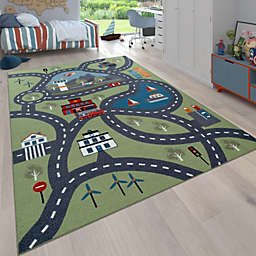 Paco Home Kids Play-Mat Rug Green Landscape with Roads & Traffic for Playroom