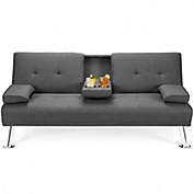Costway Convertible Folding Futon Sofa Bed Fabric with 2 Cup Holders-Dark Gray