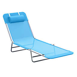 Outsunny Portable Sun Lounger, Folding Chaise Lounge Chair w/ Adjustable Backrest & Pillow for Beach, Poolside and Patio, Blue
