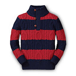 Hope & Henry Boys' Long Sleeve Mock Neck Cable Sweater with Button Placket, Wide Red and Navy Stripe, 12-18 Months
