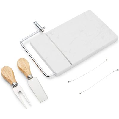 Juvale Marble Cheese Board and Slicer with Replacement Wires, Fork, Knife (5 Piece Set)