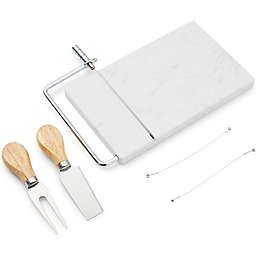Juvale Marble Cheese Board and Slicer with Replacement Wires, Fork, Knife (5 Piece Set)