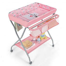 Costway Baby Changing Table with Safety Belt and 4-side Defence-Pink