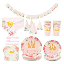 Blue Panda 194 Pieces Princess Birthday Party Decorations, Pink Dinnerware Set with Plates, Napkins, Cups, Tablecloth, Cutlery, Banner, and Hats (Serves 24)
