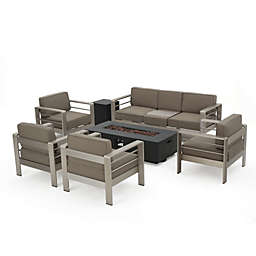 Contemporary Home Living 7pc Khaki Brown and Black Contemporary Outdoor 7 Seater Chat Set with Fire Pit