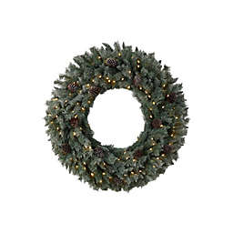 Nearly Natural 4'D Large Flocked Artificial Christmas Wreath with Pinecones, 150 Clear LED Lights and 360 Bendable Branches
