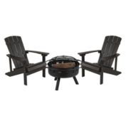 Flash Furniture 3 Piece Charlestown Slate Gray Poly Resin Wood Adirondack Chair Set with Fire Pit - Star and Moon Fire Pit with Mesh Cover