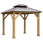 Outsunny 10&#39; x 10&#39; Hardtop Gazebo Canopy Outdoor Patio Shelter with Solid Wood Frame, Steel Double Tier Roof, Brown