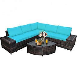 Costway 6 Pieces Rattan Furniture Cushioned Sofa Set-Turquoise