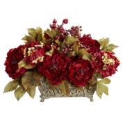 Nearly Natural 19" Red Artificial Peony and Hydrangea Silk Flower Arrangement in Planter