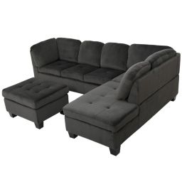 Contemporary Home Living 3-Piece Charcoal Black Contemporary Pillow Back Sectional Sofa Set 70