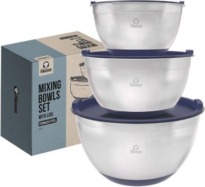 Chef Pomodoro Stainless Steel Mixing Bowls with Lids, 3 Piece Set (1.5Qt, 3Qt, 5Qt) Navy