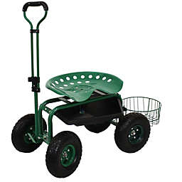 Sunnydaze Rolling Cart with Steering Handle Swivel Seat & Planter Basket - Green