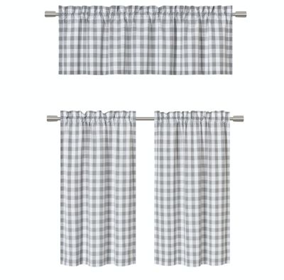 BEIGE AND WHITE GINGHAM KITCHEN CURTAINS PELMET & 18” CAFE PANEL 3 SIZES 