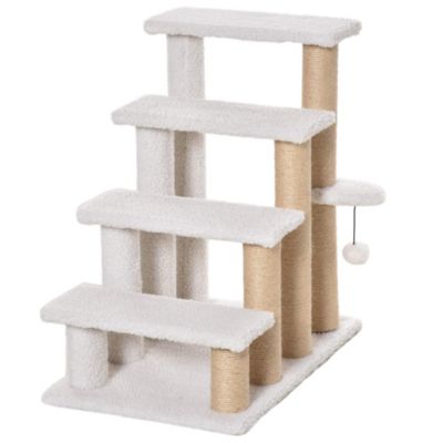 PawHut 4 Levels Cat Steps, Pet Stairs Carpeted Ladder, Cat Tree Climber with Scratching Posts, Small Platform, Hanging Ball, for High Bed, Sofa, White