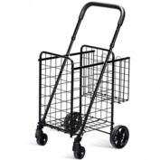 Costway Folding Shopping Cart Basket Rolling Trolley with Adjustable Handle-Black