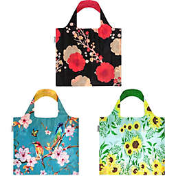 Wrapables Large Reusable Shopping Tote Bag with Outer Pouch (Set of 3), Blossoms & Flowers