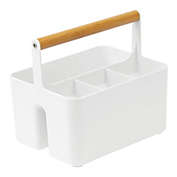 mDesign Plastic Kitchen Tote, Divided Basket Bin with Wood Handle