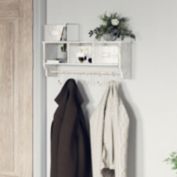 Emma and Oliver Mulhall 24" Rustic Country Wall Mounted Shelf with 5 Adjustable Sliding Hooks and Three Wire Storage Baskets in Blackwash