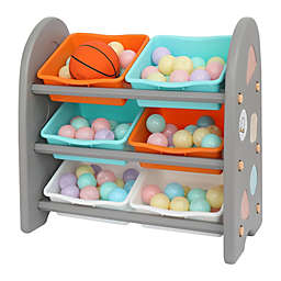 Inq Boutique Wooden Kids' Toy Storage Organizer with 6 Plastic Bins for Kid's Bedroom Playroom RT