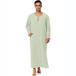Lars Amadeus Men Gown Cotton Sleepwear V-Neck Side Split Long Gown with Pocket Green M