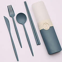 Portable Wheat Straw Tableware Utensil Set With Case - Blue