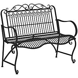 Outsunny Antique Garden Bench, 2 Seater Metal Park Loveseat, Outdoor Furniture with Armrests & Back for Front Porch, Patio, Park, Lawn, Black