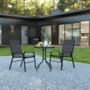 Flash Furniture Brazos 3 Piece Outdoor Patio Dining Set - 23.75" Round Tempered Glass Patio Table, 2 Black Flex Comfort Stack Chairs