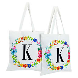 Okuna Outpost Set of 2 Reusable Monogram Letter K Personalized Canvas Tote Bags for Women, Floral Design (29 Inches)