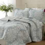 Slickblue 100% Cotton King size 3-Piece Coverlet Quilt Set in Blue White Floral Pattern