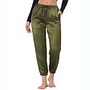 cheibear Women&#39;s Satin Bottoms Lounge Drawstring Trousers with Pocket Joggers Ankle Pants Large Green