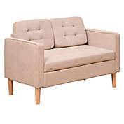 Modern 2-Seater Loveseat Button-Tufted Fabric Couch with Storage Chest, Cushions and Rubberwood Legs , Light Brown