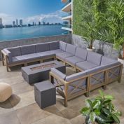 GDFStudio Cytheria Outdoor Acacia Wood 10 Seater U-Shaped Sectional Sofa Set with Fire Pit