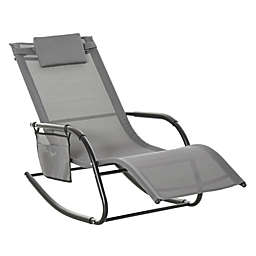 Outsunny Outdoor Rocking Recliner, Sling Sun Lounger with Removable Headrest and Side Pocket for Garden, Patio and Deck, Grey
