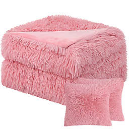 PiccoCasa Faux Fur Throw Blanket Pillow Cover Set Long Shaggy Microfiber Plush Lightweight Throw Blanket (50 x 60) 2pcs Cushion Covers (18 x 18) (No Pillow Insert Included) - Pink