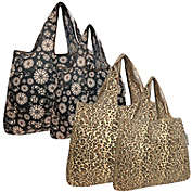 Wrapables Large & Small Foldable Nylon Reusable Bags, Set of 4, Floral Leopard