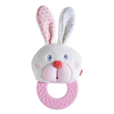 HABA Chomp Champ Bunny Teether - Soft Lightweight Clutching Toy with Crinkle Ears and Plastic Teething Ring