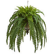 Nearly Natural 39" Boston Fern Artificial Plant in Metal Hanging Bowl