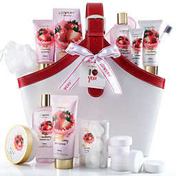 Home Spa Kit Gift Set - Strawberry Milk Scented Bath Set - 25Pcs - in a Leather Tote Bag
