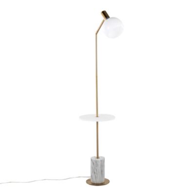 Lumisource Ana Glam Floor Lamp in Gold Metal with White Marble Base, White Wood Shelf, and White Plastic Shade