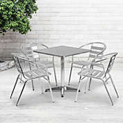 Emma + Oliver 27.5" Square Aluminum Table Set with 4 Slat Back Chairs