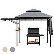 Gymax 13.5&#39; x 4&#39; Patio BBQ Grill Gazebo Side Awnings Shelves 2-Tier Canopy Outdoor