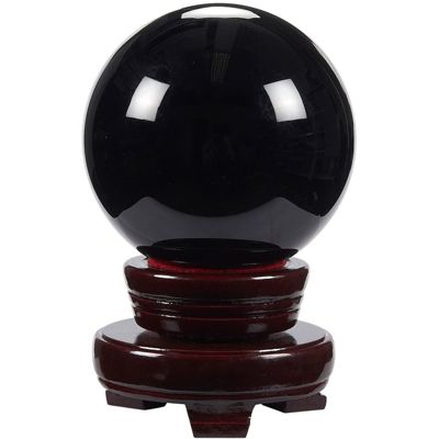 Juvale Small Black Obsidian Crystal Ball Sphere with Decorative Wooden Stand for Meditation, Healing, Feng Shui (80mm / 3.15 In)